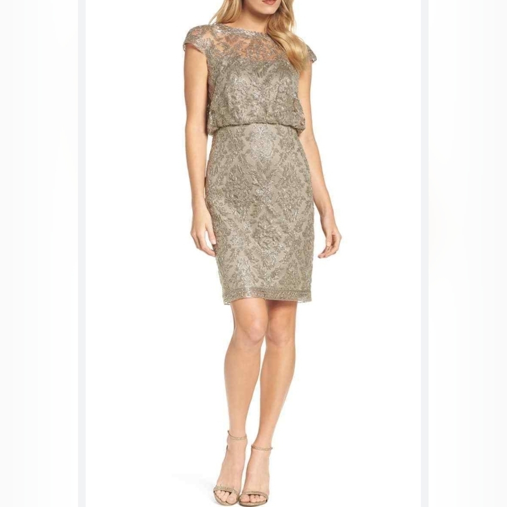 Tadashi Shoji Gold Emroidered Metallic Lace Boston Sheath Dress sz 10P #1387